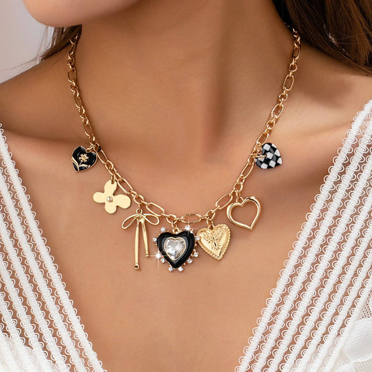 Checkered Hearts & Bows Charm Necklace