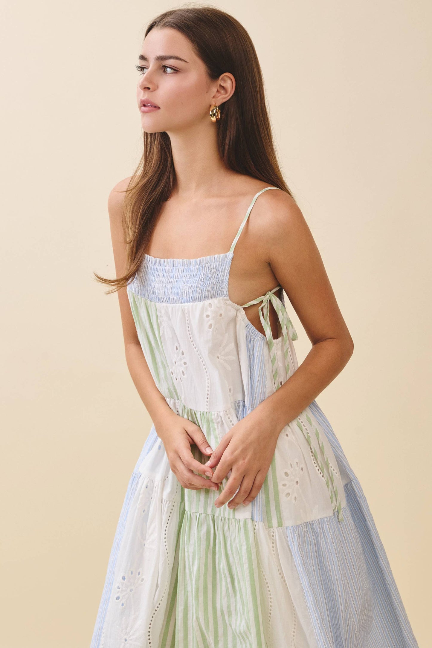 Blue Patchwork Tiered Midi Dress
