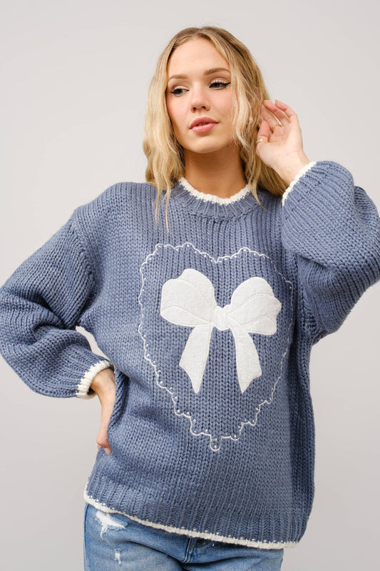 Blue Bow Embroidered Sweater