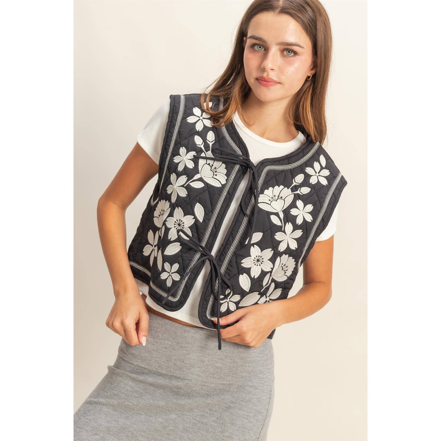 Black Embroidered Quilted Vest