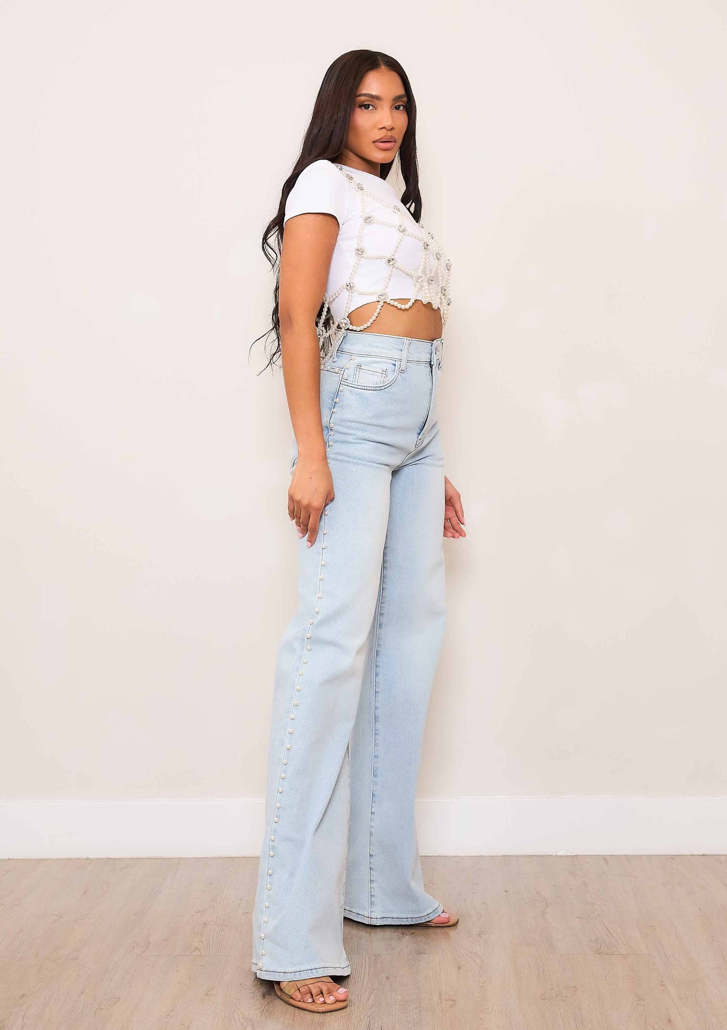 Pearl Stud High Rise Wide Jeans