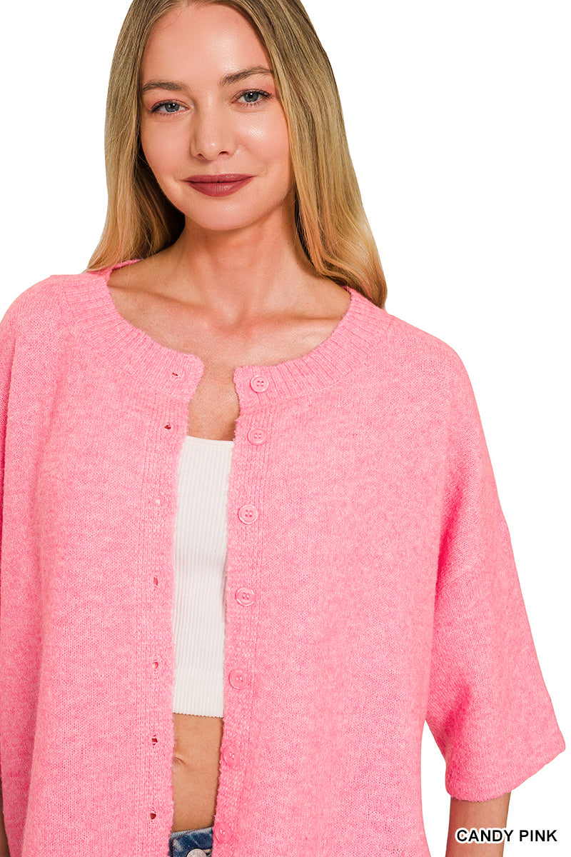 Wool Half Sleeve Cardigan - CANDY PINK