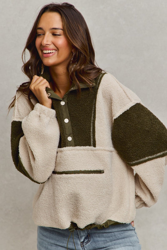 Cream & Olive Sherpa Pullover