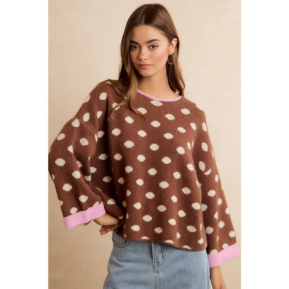 Brown Polka Dot Rolled Sweater