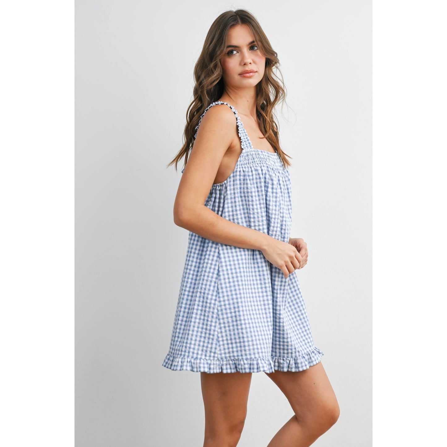 Blue Smocked Ruffle Hem Dress