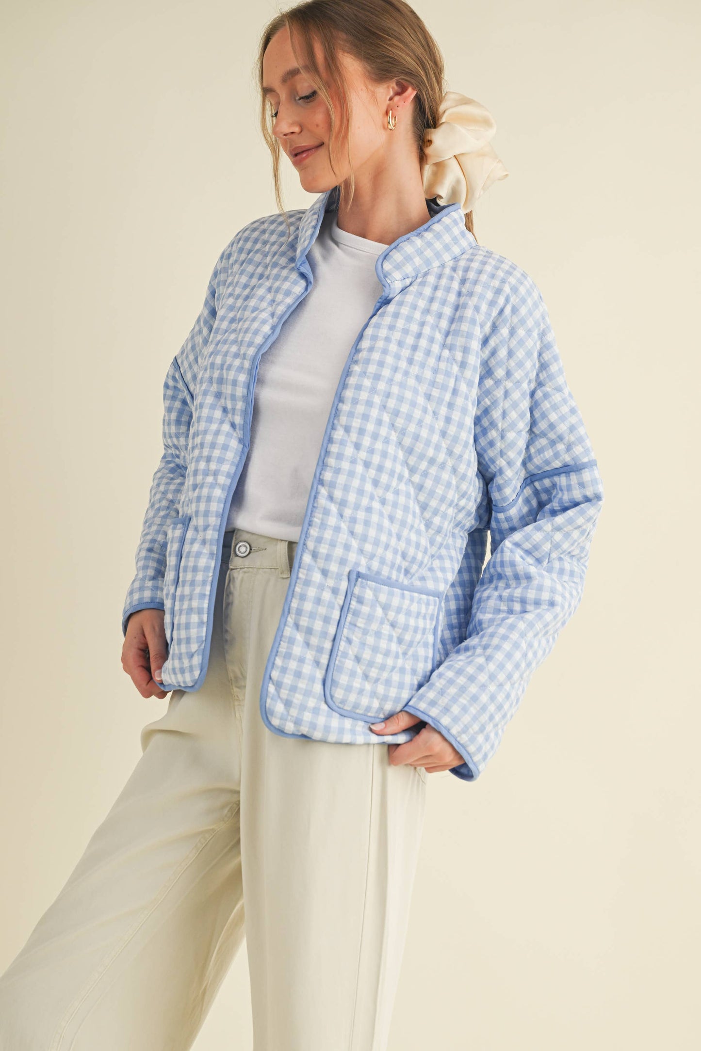 Quilted Plaid Puff Jacket - Blue