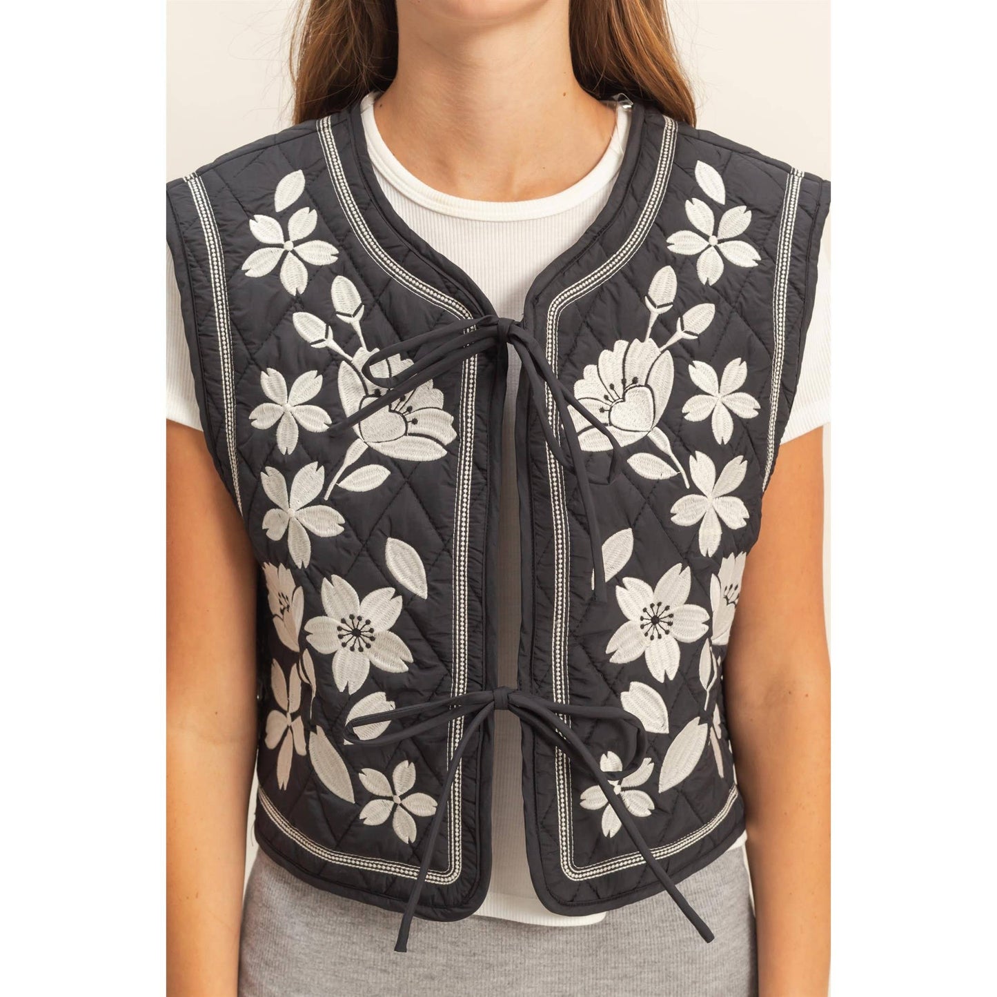Black Embroidered Quilted Vest