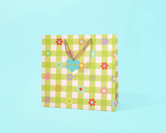 Green Gingham + Flowers Gift Bag