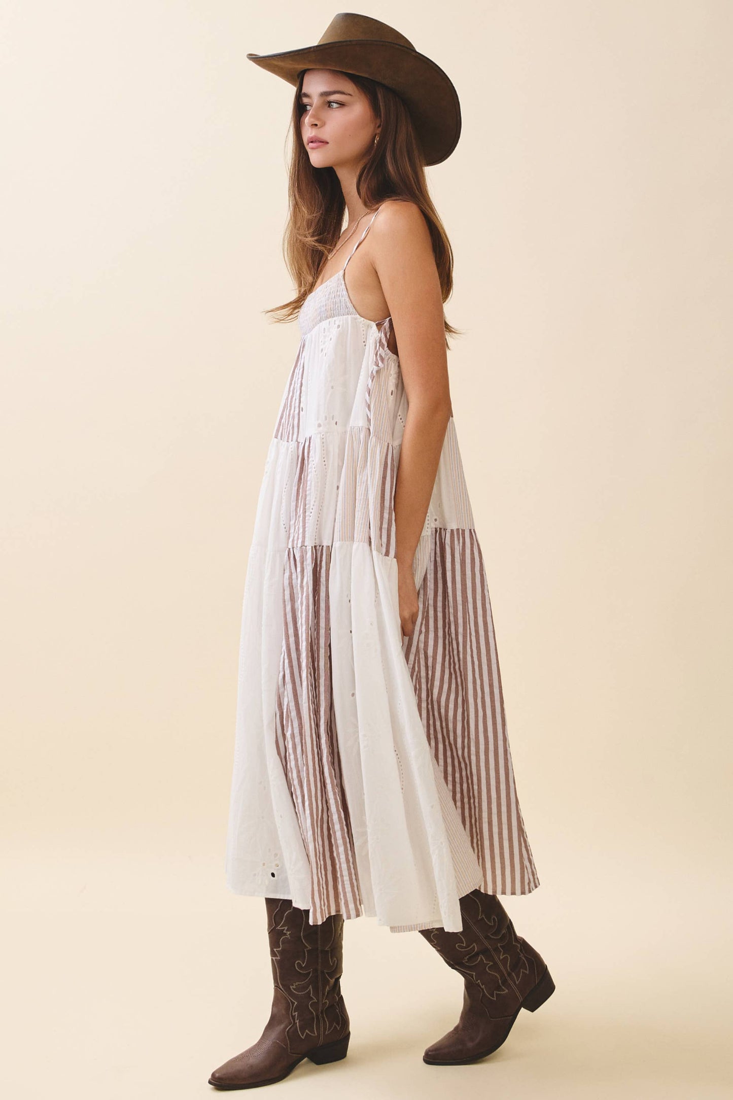 Brown Patchwork Tiered Midi Dress