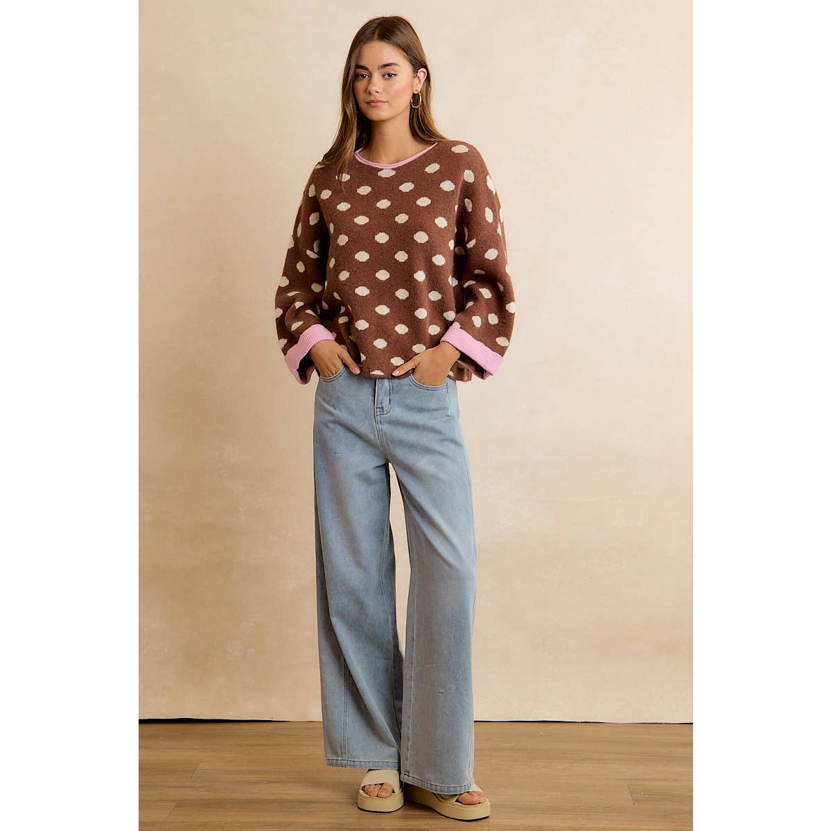 Brown Polka Dot Rolled Sweater