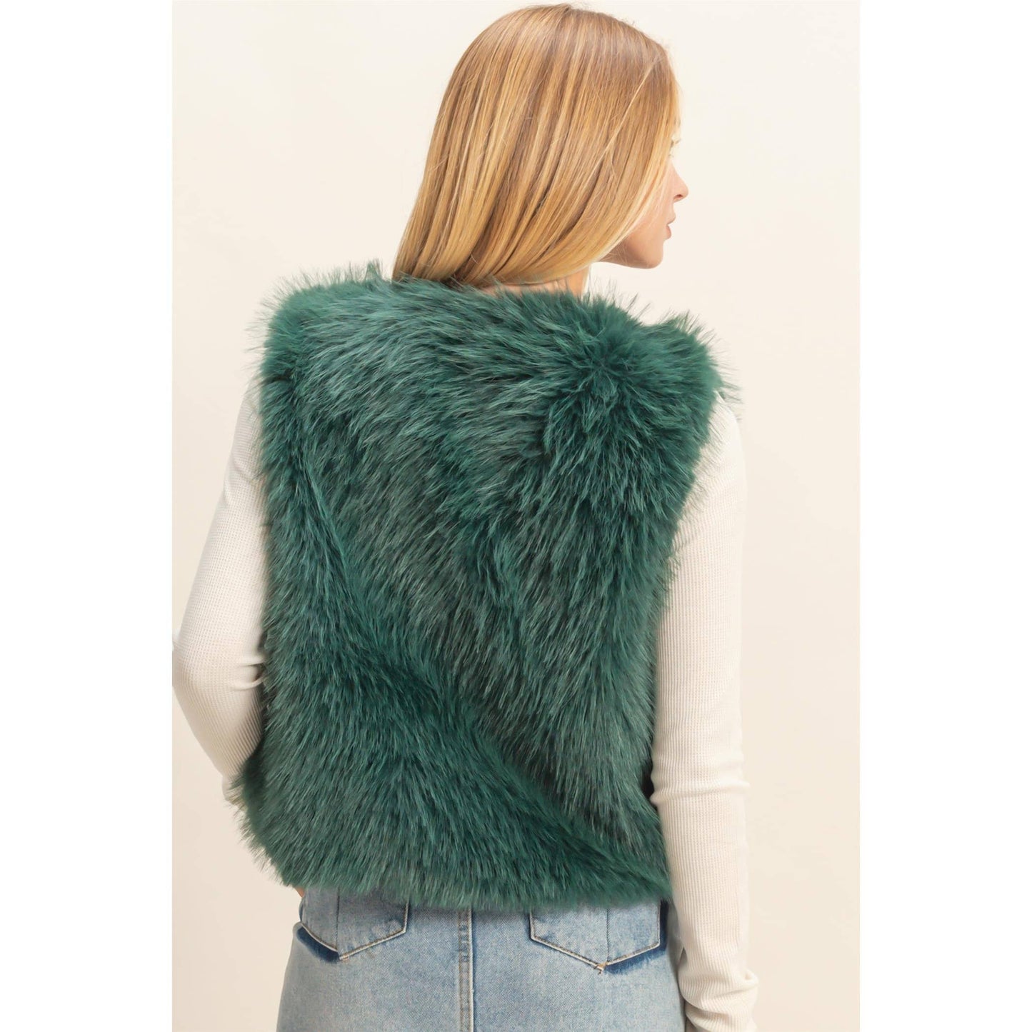 Green Faux Fur Open Vest