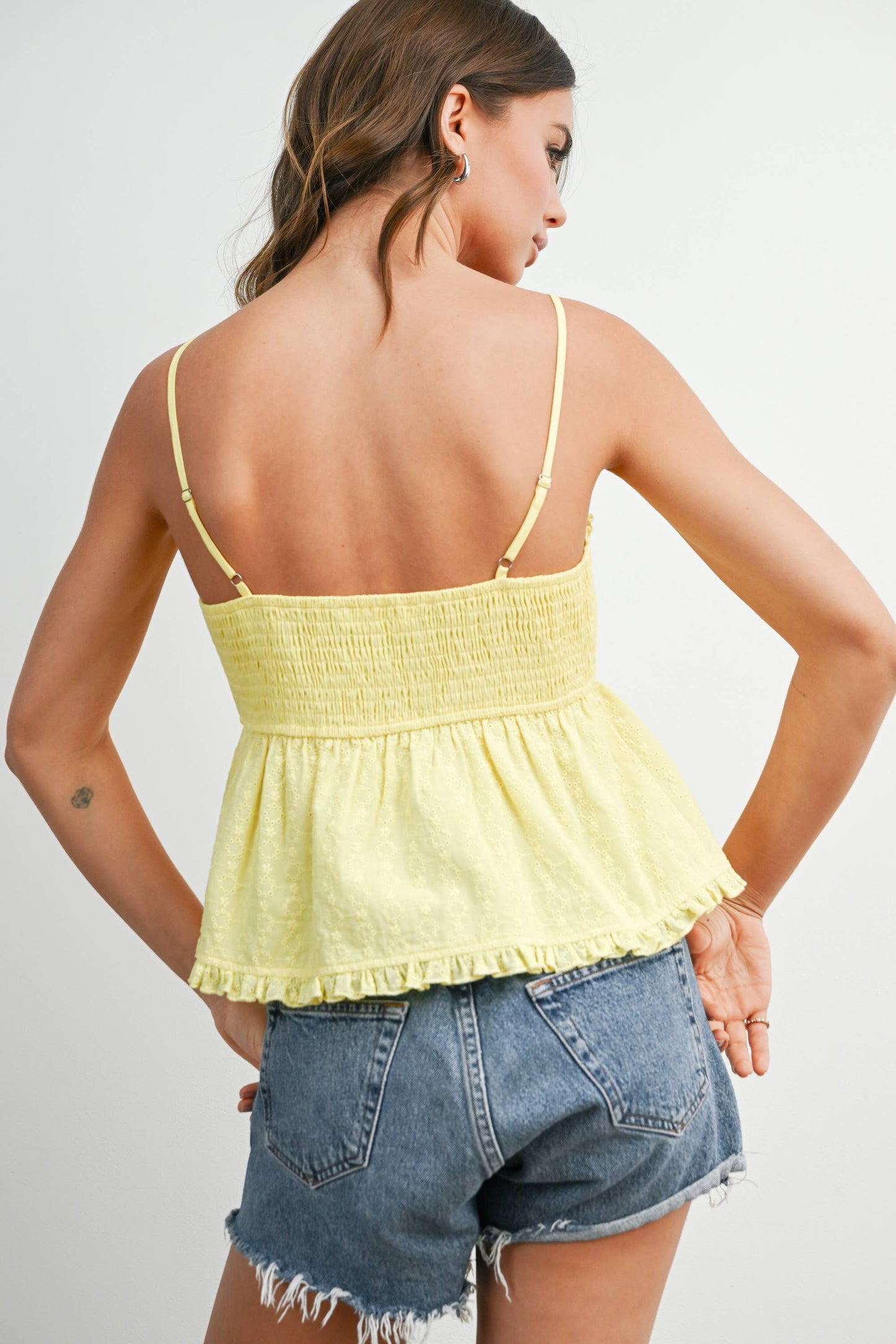 Yellow Eyelet Smocked Cami