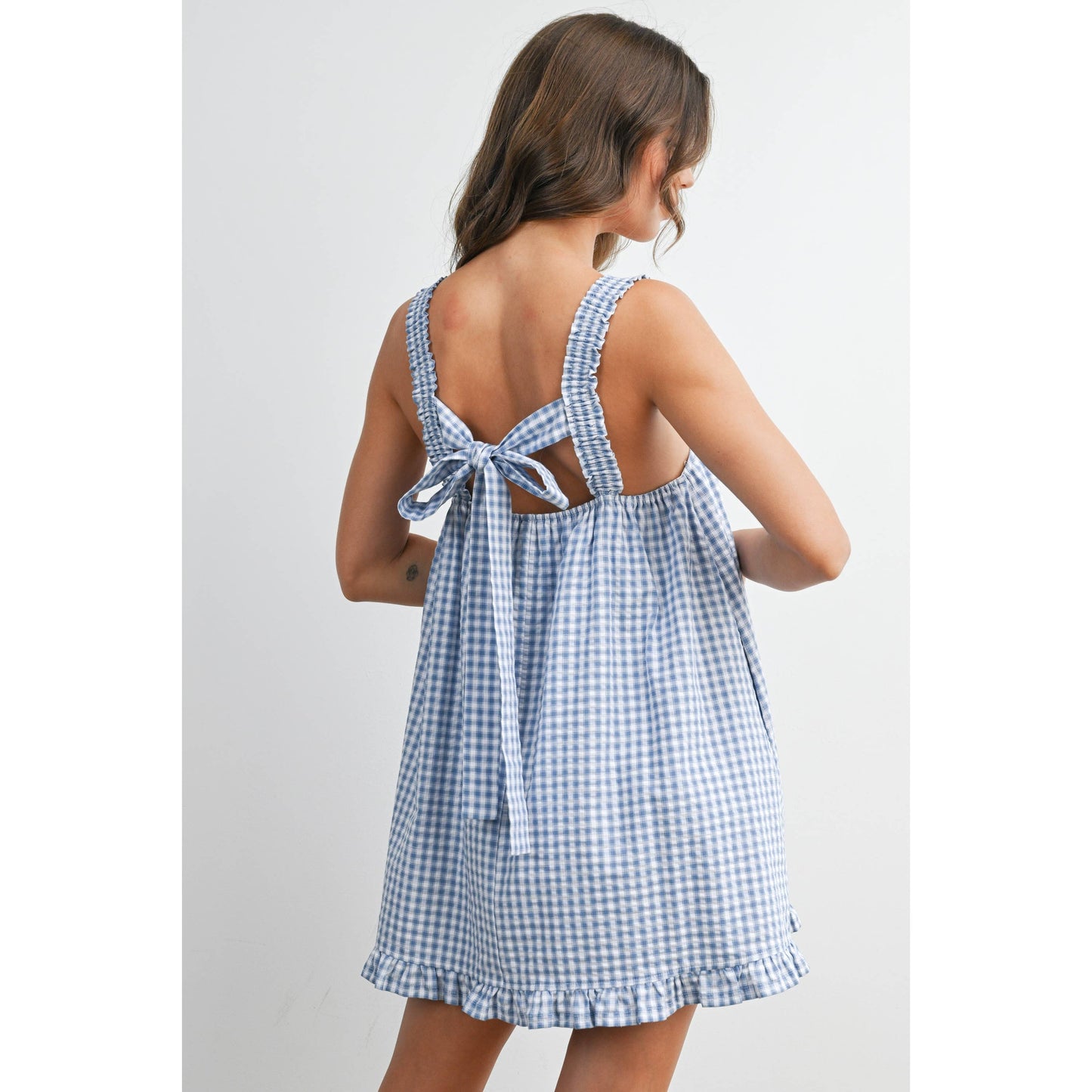 Blue Smocked Ruffle Hem Dress