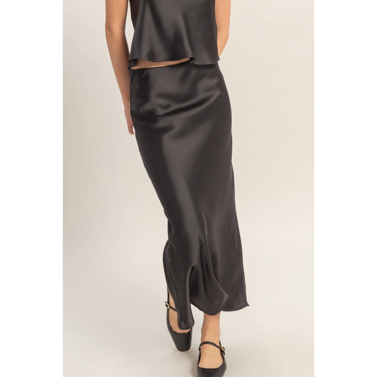 Satin Midi Skirt - BLACK