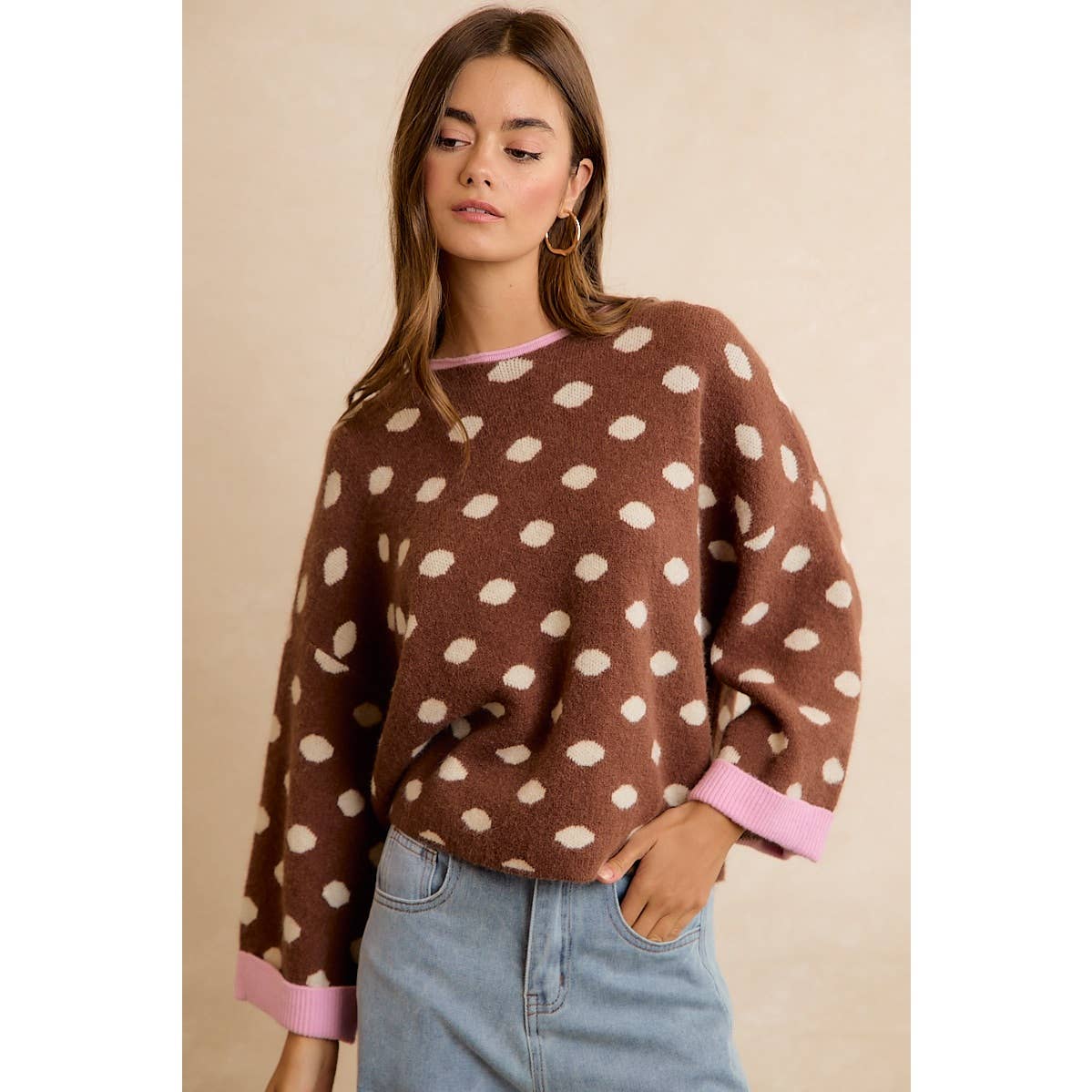 Brown Polka Dot Rolled Sweater