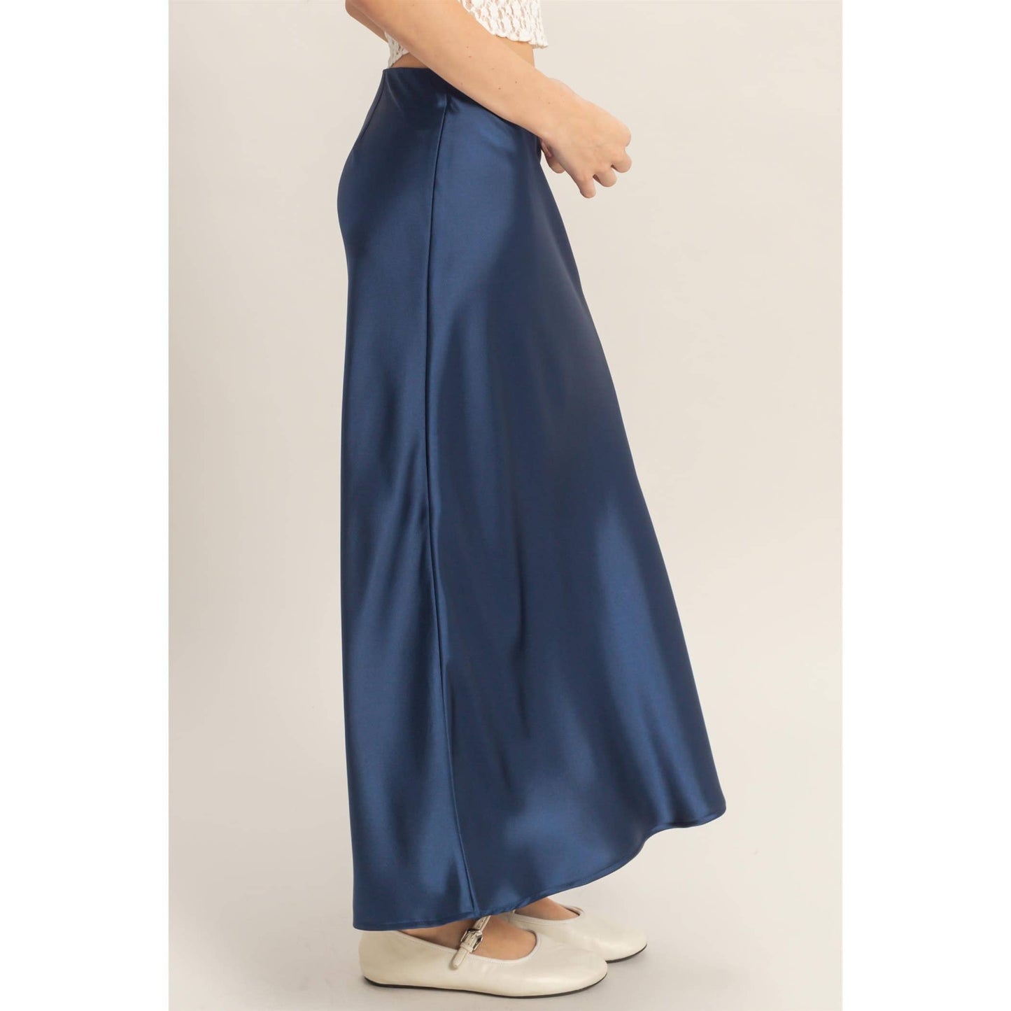 Satin Midi Skirt - NAVY
