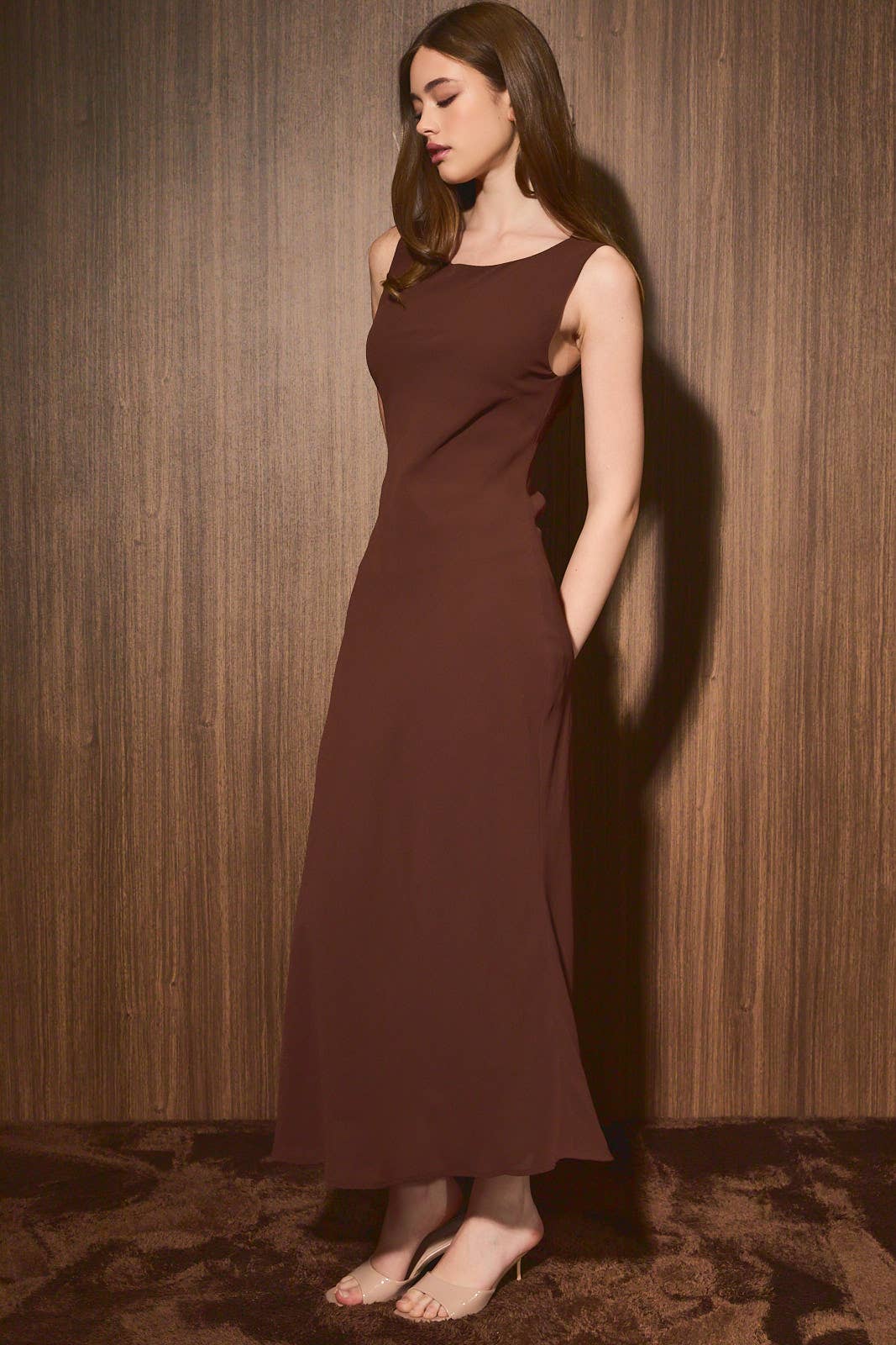 Brown Open Back Midi Dress