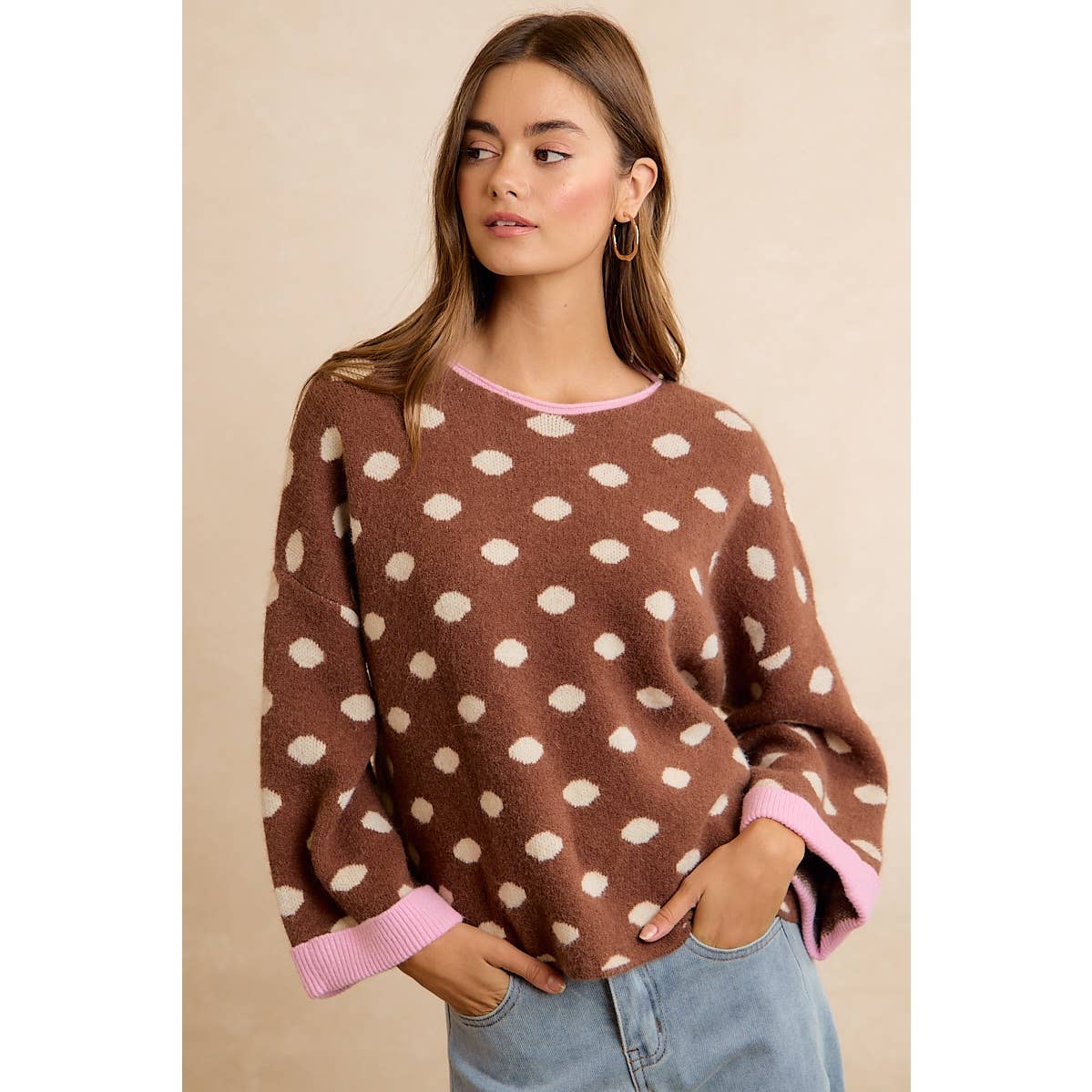 Brown Polka Dot Rolled Sweater