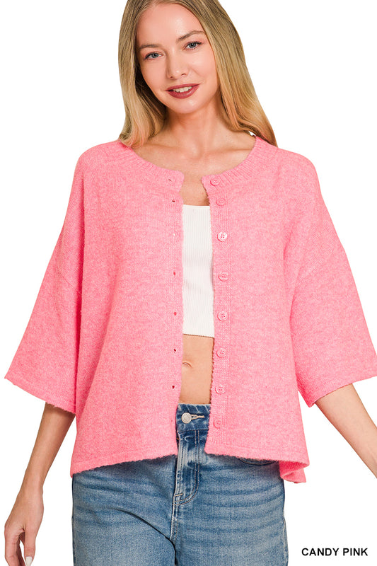 Wool Half Sleeve Cardigan - CANDY PINK