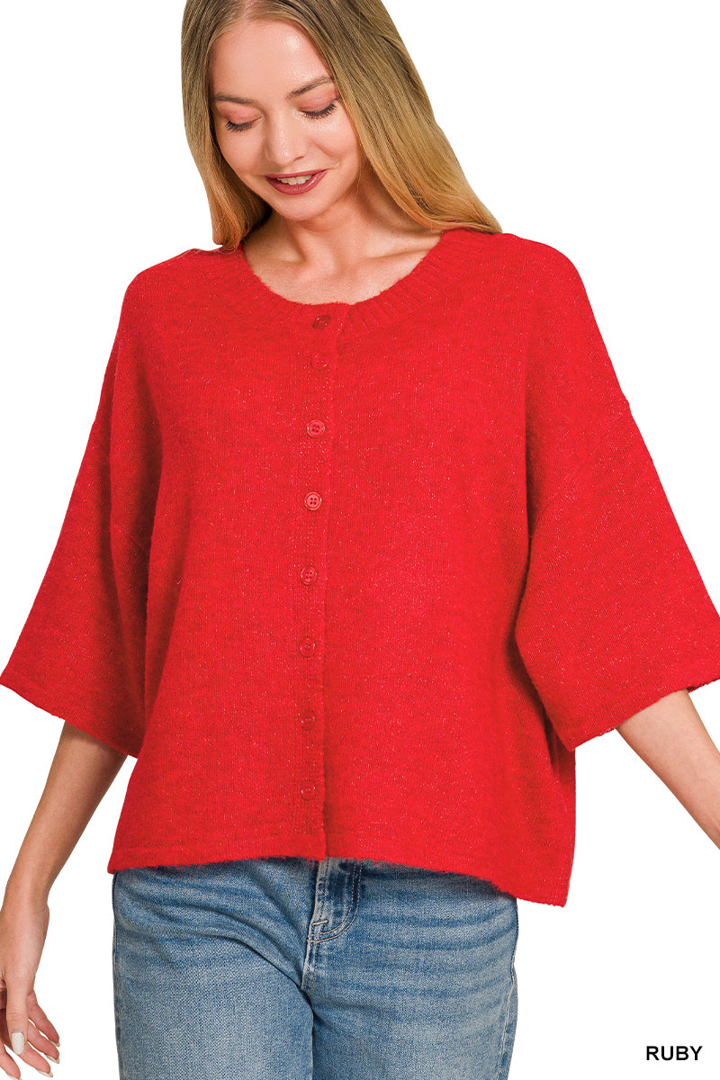 Wool Half Sleeve Cardigan - RED