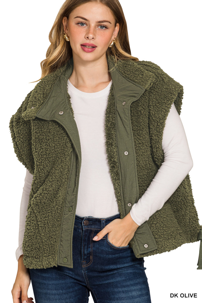 Oversized Sherpa Vest - OLIVE