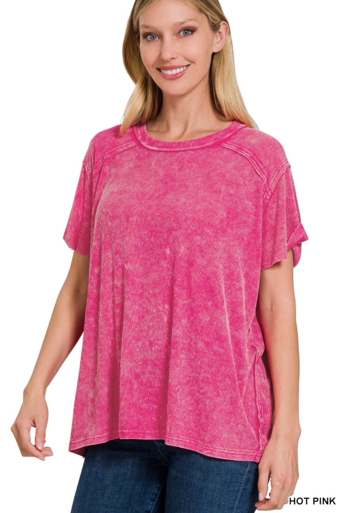 Washed Ribbed Top - HOT PINK