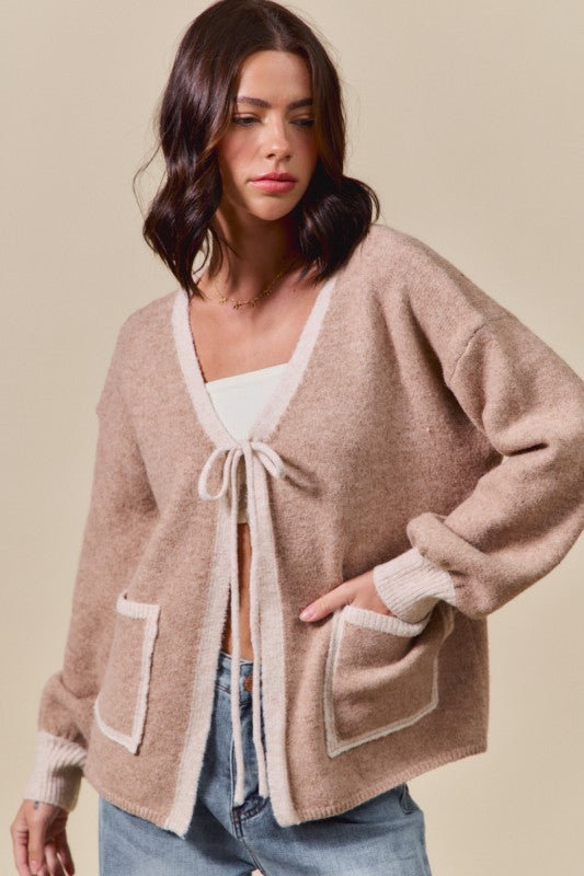 Taupe Ribbon Tie Cardigan