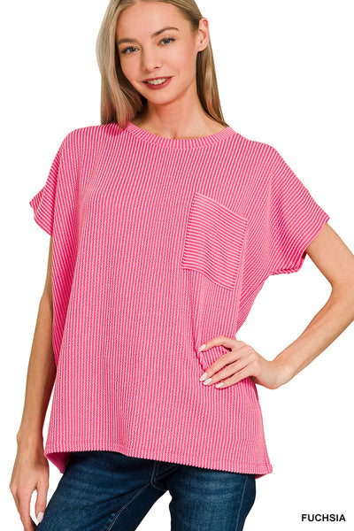 Ribbed Boxy Pocket Top - Fuchsia