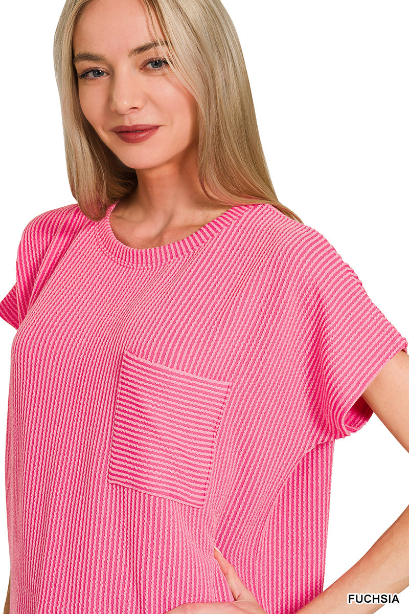 Ribbed Boxy Pocket Top - Fuchsia