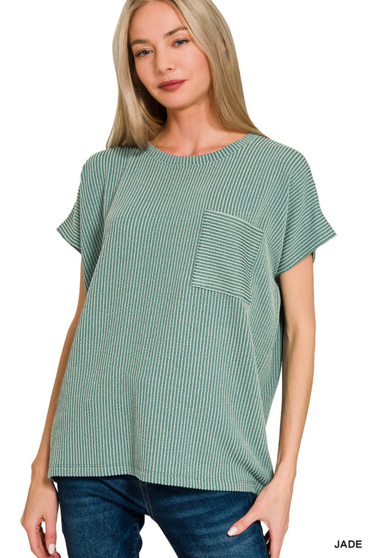 Ribbed Boxy Pocket Top - Jade