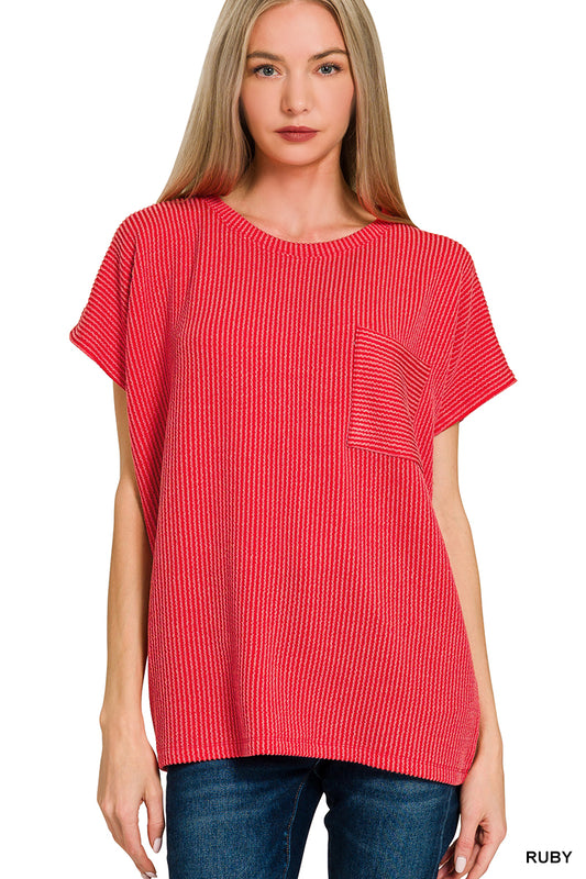 Ribbed Boxy Pocket Top - Ruby