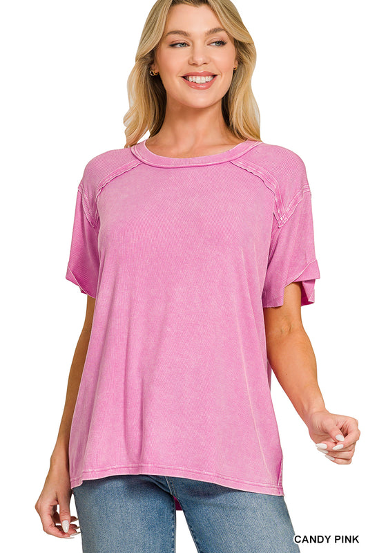 Washed Ribbed Top - CANDY PINK