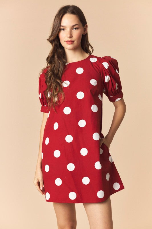 Crimson Puff Sleeve Polka Dot Mini Dress