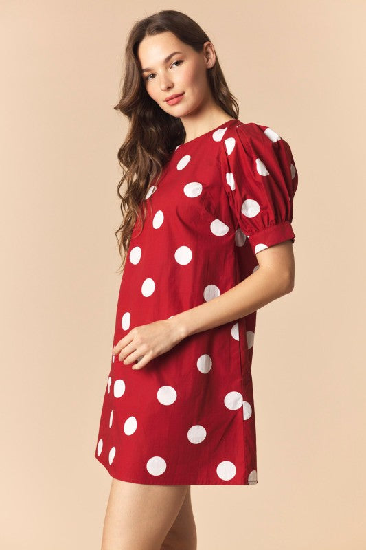 Crimson Puff Sleeve Polka Dot Mini Dress