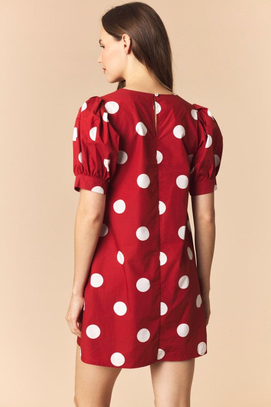 Crimson Puff Sleeve Polka Dot Mini Dress