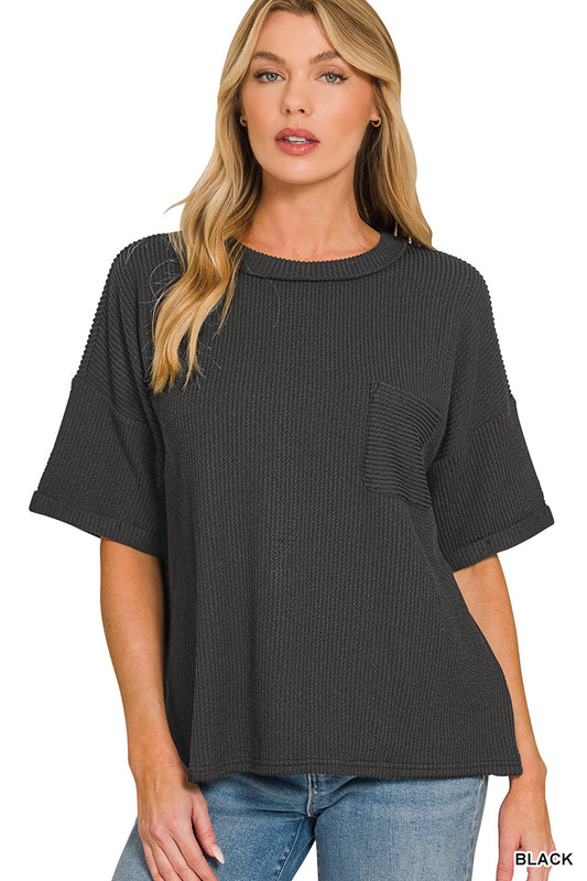 Black Ribbed Pocket Top