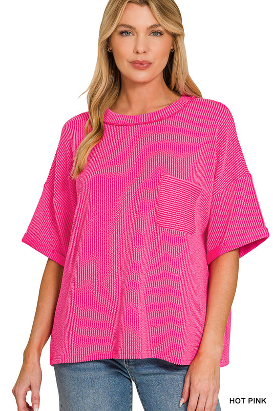 Hot Pink Ribbed Pocket Top