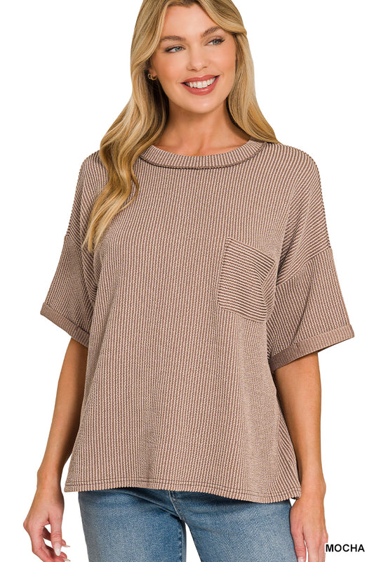 Mocha Ribbed Pocket Top