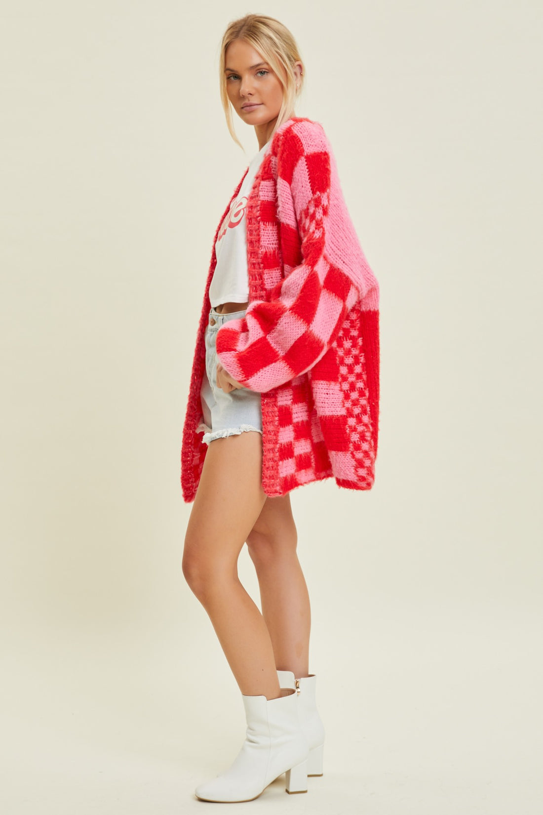 Red and Pink Checkered Cardigan