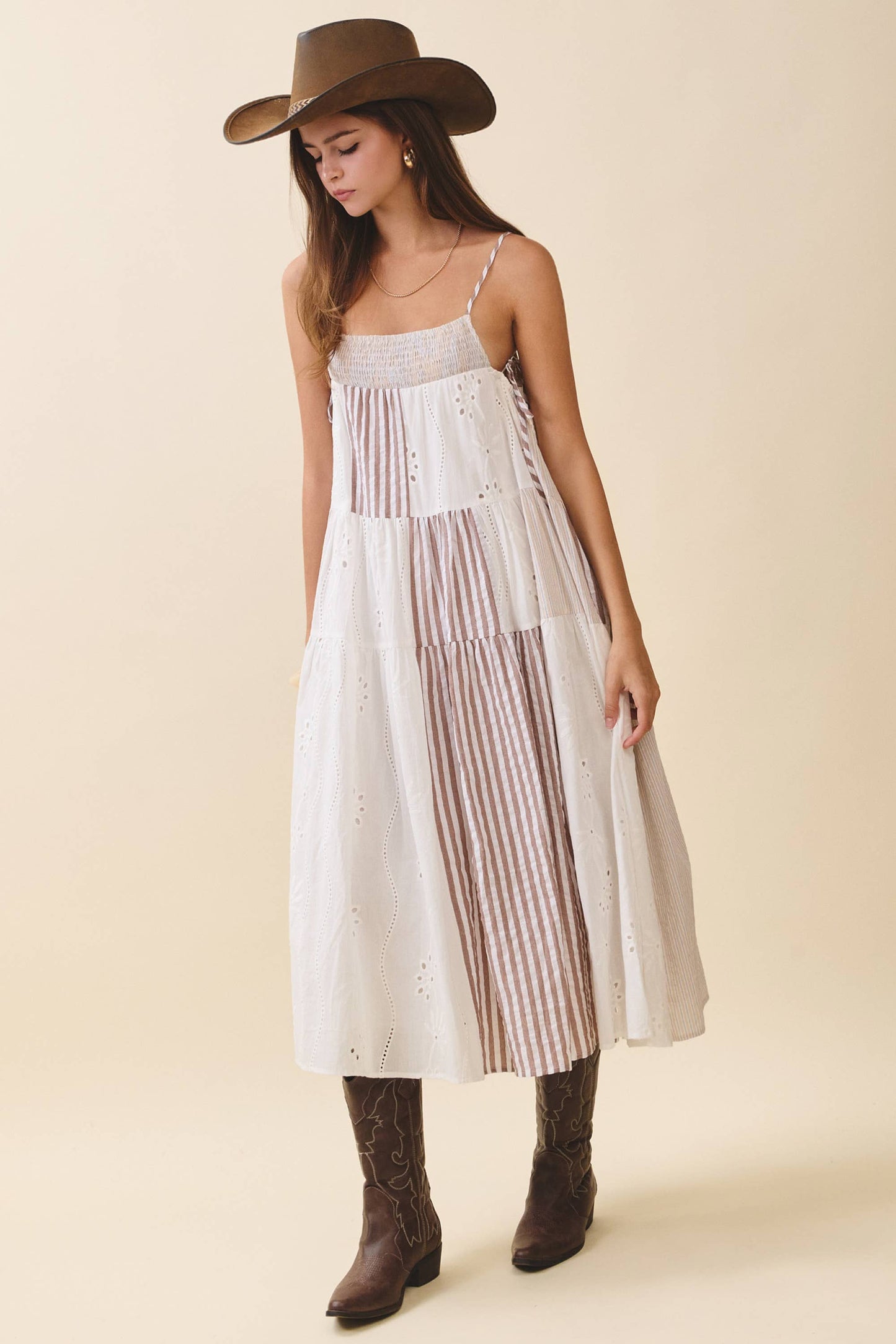 Brown Patchwork Tiered Midi Dress