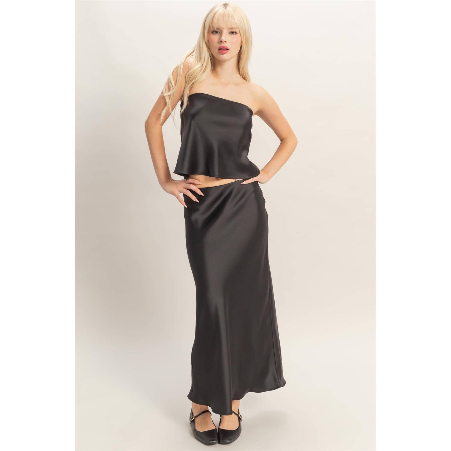 Satin Midi Skirt - BLACK