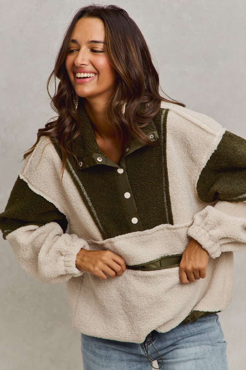 Cream & Olive Sherpa Pullover