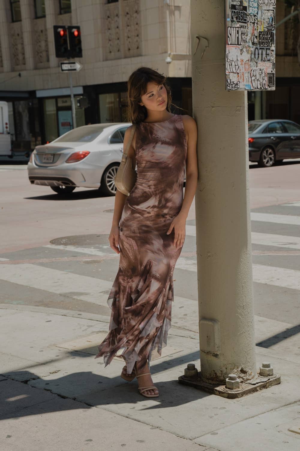 Brown Mesh Maxi Dress with Ruffles