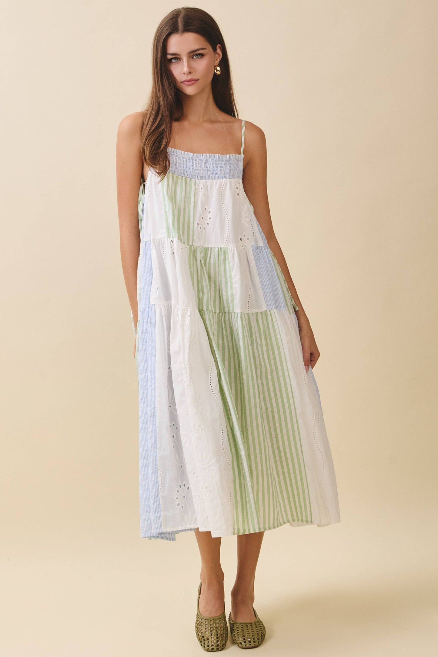 Blue Patchwork Tiered Midi Dress