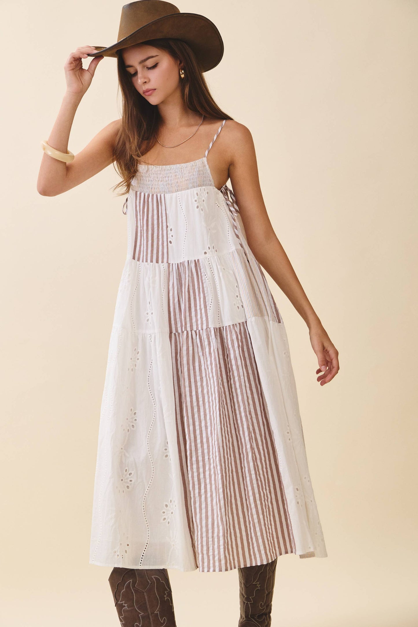 Brown Patchwork Tiered Midi Dress