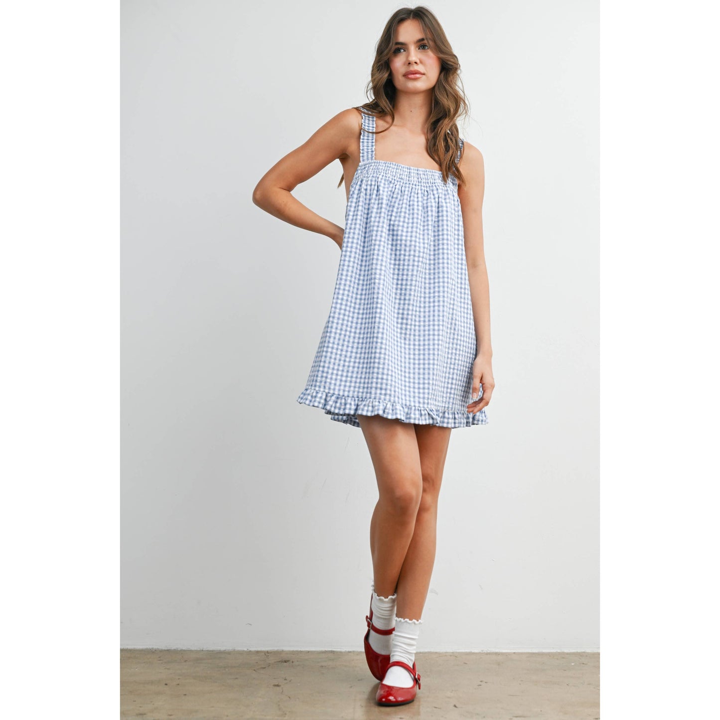 Blue Smocked Ruffle Hem Dress