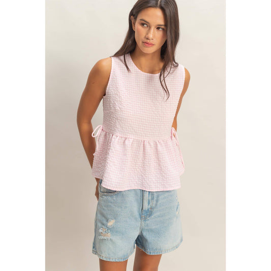 Gingham Side Tie Peplum Top