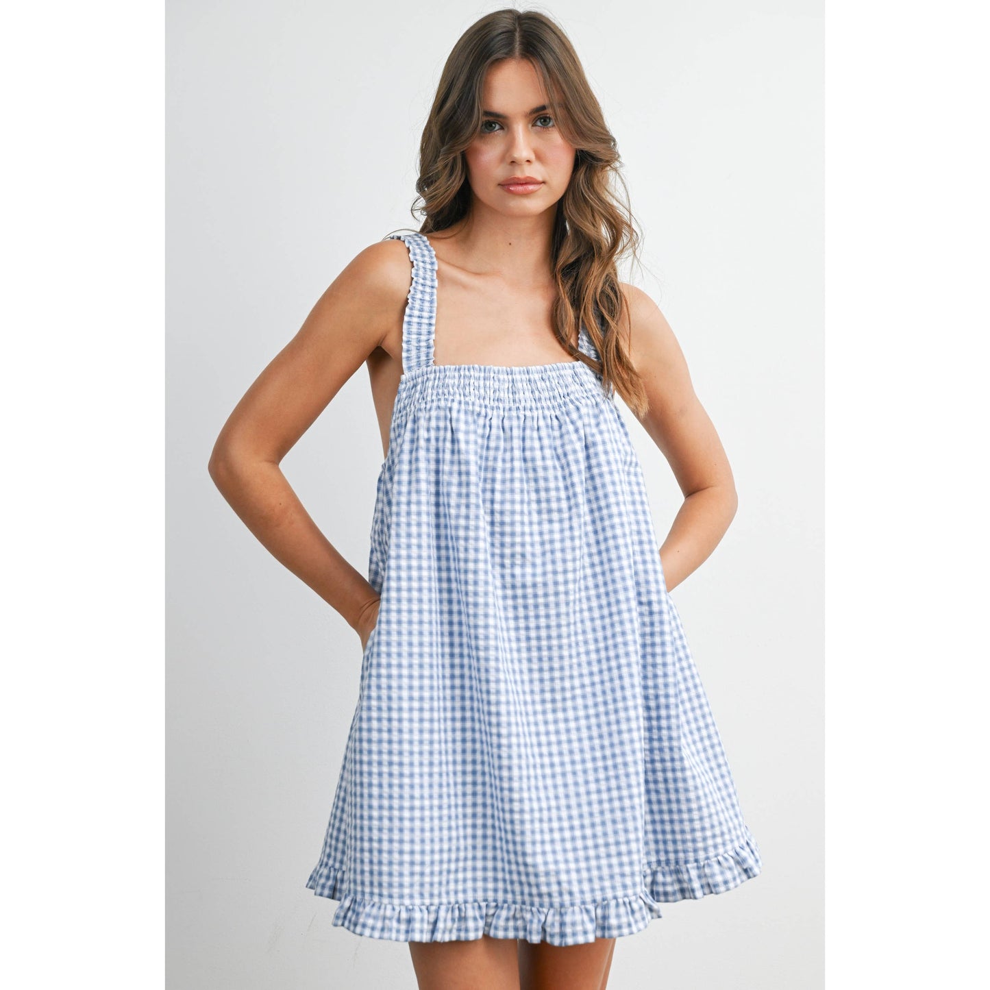Blue Smocked Ruffle Hem Dress