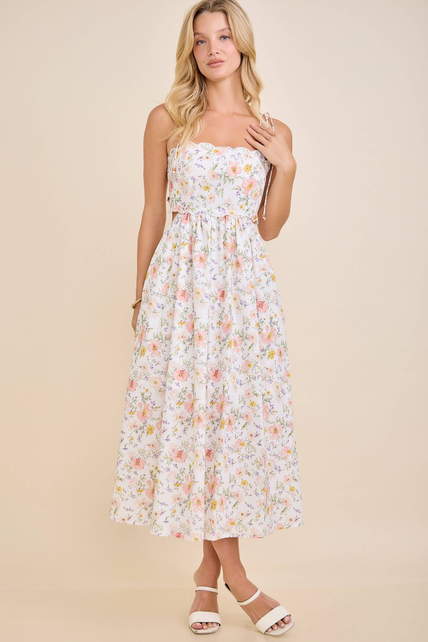 Scallop Edge Floral Midi Dress