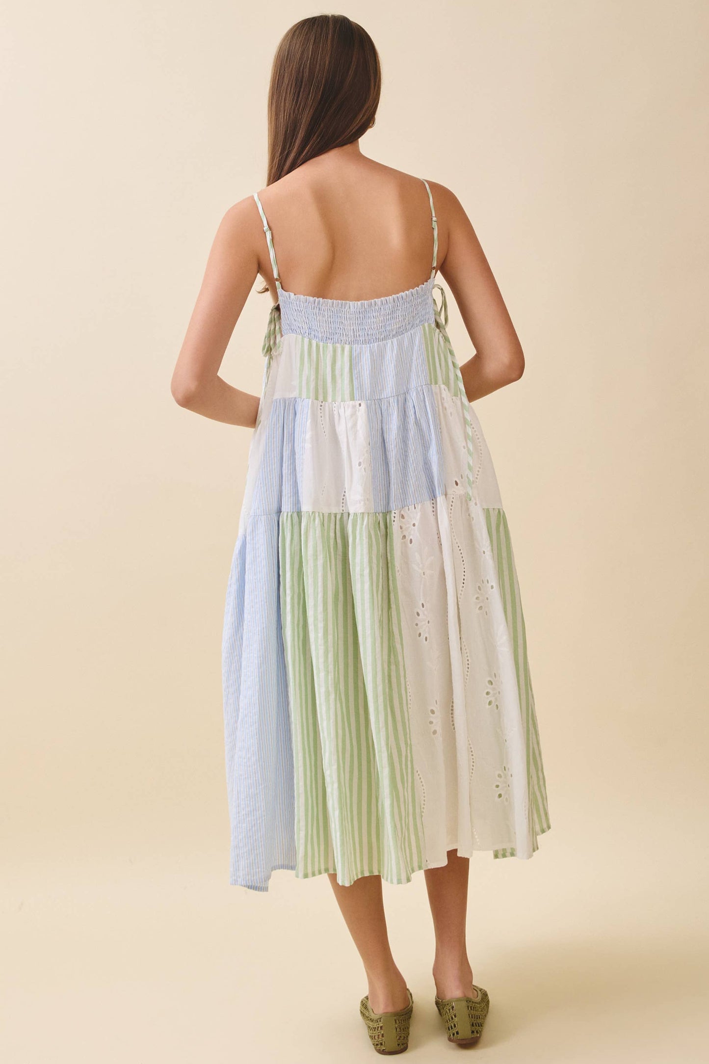 Blue Patchwork Tiered Midi Dress